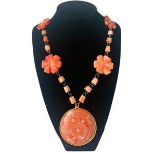 Artisan Carved Carnelian Glass Beaded Aztec Medallion Statement Necklace